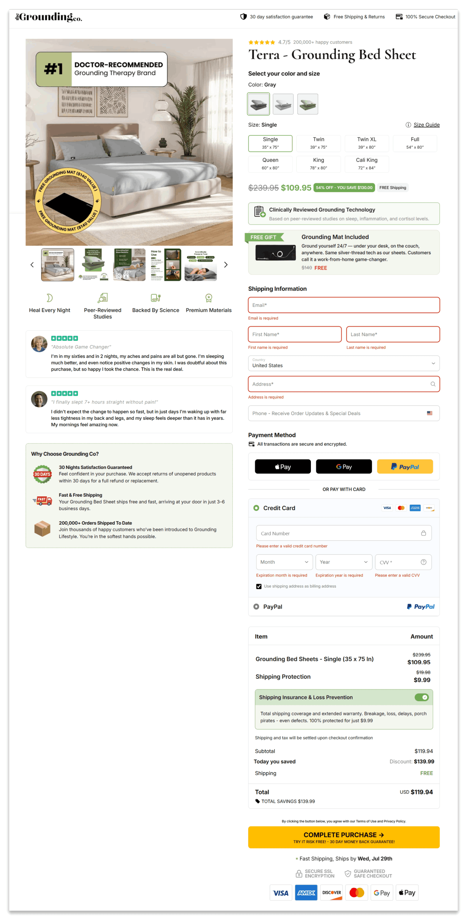 Terra Grounding Bed Sheets checkout page